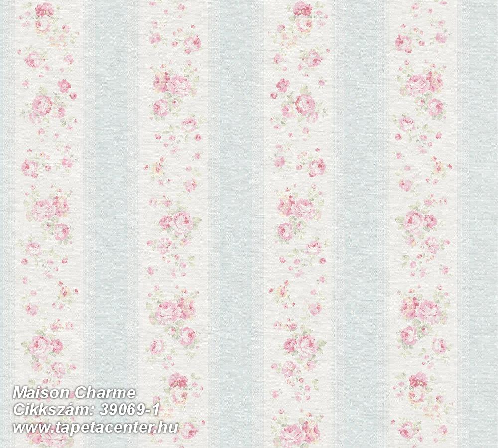 Csíkos,retro,textil hatású,virágmintás,fehér,kék,pink-rózsaszín,illesztés mentes,súrolható,vlies tapéta 